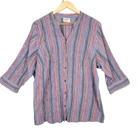 Essentials 18/20 Striped Button Down Blouse Crinkle Gauzy 3/4 Sleeve Coastal - Picture 2 of 8
